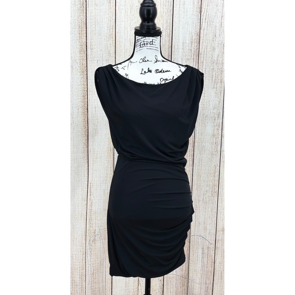 Halston Heritage Mini Dress Size Small Black Draped Ruched One-Shoulder Party - Picture 4 of 8